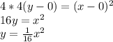 4*4(y-0)=(x-0)^2 \\ 16y=x^2 \\ y= \frac{1}{16}x^2