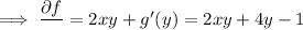 \implies\dfrac{\partial f}{\partialy}=2xy+g'(y)=2xy+4y-1