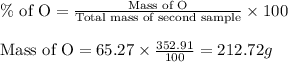 \% \text{ of O}=\frac{\text{Mass of O}}{\text{Total mass of second sample}}\times 100\\\\\text{Mass of O}=65.27\times \frac{352.91}{100}=212.72g