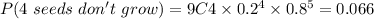 P(4\ seeds\ don't\ grow)=9C4\times0.2^{4}\times0.8^{5}=0.066