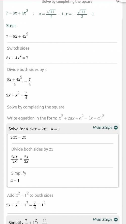 Solve for x. use the completing the square method. 4x^2+8x=7 round decimals to the nearest tenth. en