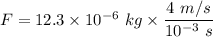 F=12.3\times 10^{-6}\ kg\times\dfrac{4\ m/s}{10^{-3}\ s}