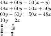 48x+60y=50(x+y)\\ 48x+60y =50x+50y\\ 60y-50y=50x-48x\\ 10y=2x\\ \frac{y}{x}=\frac{2}{10}\\ \frac{y}{x}=\frac{1}{5}