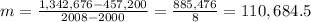 m=\frac{1,342,676-457,200}{2008-2000} = \frac{885,476}{8}=110,684.5