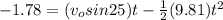 -1.78 = (v_osin25) t - \frac{1}{2}(9.81)t^2