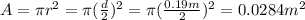A=\pi r^2 = \pi (\frac{d}{2})^2 = \pi (\frac{0.19 m}{2})^2=0.0284 m^2