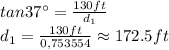 tan37\° = \frac{130ft}{d_{1} }\\d_{1}=\frac{130ft}{0,753554} \approx 172.5 ft