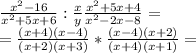 \frac{ x^{2} -16}{ x^{2} +5x+6}: \frac{x}{y}  \frac{ x^{2} +5x+4}{ x^{2} -2x-8}= \\ = \frac{(x+4)(x-4)}{(x+2)(x+3)}* \frac{(x-4)(x+2)}{(x+4)(x+1)}=