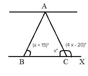 Atriangle has a bottom left angle of (x + 15) degrees and a bottom right angle of (x degrees). 1 par