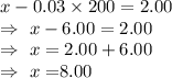 x-0.03\times200=2.00\\\Rightarrow\ x-6.00=2.00\\\Rightarrow\ x=2.00+6.00\\\Rightarrow\ x=$8.00