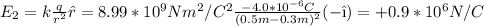 E_2 = k \frac{q}{r^2} \^r = 8.99*10^9 Nm^2/C^2 \frac{-4.0 *10^{-6}C}{(0.5m - 0.3m)^2}(-\^i) =  +0.9*10^6 N/C