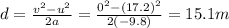 d=\frac{v^2-u^2}{2a}=\frac{0^2-(17.2)^2}{2(-9.8)}=15.1 m