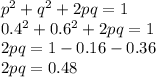 p^2+q^2+2pq = 1\\0.4^2 + 0.6^2 + 2pq = 1\\2pq = 1-0.16-0.36\\2pq = 0.48\\