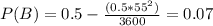 P(B) = 0.5 - \frac{(0.5*55^2)}{3600} =0.07