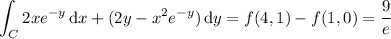 \displaystyle\int_C2xe^{-y}\,\mathrm dx+(2y-x^2e^{-y})\,\mathrm dy=f(4,1)-f(1,0)=\frac9e