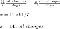 \frac{91}{7}\frac{oil\ changes}{days} =\frac{x}{11}\frac{oil\ changes}{days}\\ \\x=11*91/7\\ \\x=143\ oil\ changes