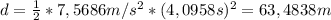d=\frac{1}{2}*7,5686 m/s^2*(4,0958 s)^2=63,4838 m