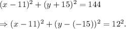 (x-11)^2+(y+15)^2=144\\\\\Rightarrow (x-11)^2+(y-(-15))^2=12^2.