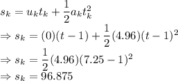 s_k = u_kt_k+\dfrac{1}{2}a_kt_k^2\\\Rightarrow s_k =(0)(t-1)+\dfrac{1}{2}(4.96)(t-1)^2\\\Rightarrow s_k =\dfrac{1}{2}(4.96)(7.25-1)^2\\\Rightarrow s_k = 96.875