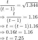 \dfrac{t}{(t-1)}=\sqrt{1.344}\\\Rightarrow \dfrac{t}{(t-1)}=1.16\\\Rightarrow t = (t-1)1.16\\\Rightarrow 0.16t = 1.16\\\Rightarrow t = 7.25