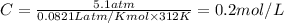 C=\frac{5.1atm}{0.0821Latm/Kmol\times 312K}=0.2mol/L