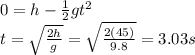 0=h-\frac{1}{2}gt^2\\t=\sqrt{\frac{2h}{g}}=\sqrt{\frac{2(45)}{9.8}}=3.03 s