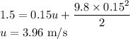 1.5=0.15u+\dfrac{9.8\times0.15^2}{2}\\u=3.96\ \rm m/s\\