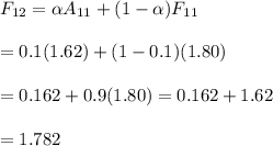 F_{12}=\alpha&#10; A_{11}+(1-\alpha)F_{11} \\  \\ =0.1(1.62)+(1-0.1)(1.80) \\  \\ &#10;=0.162+0.9(1.80)=0.162+1.62 \\  \\ =1.782