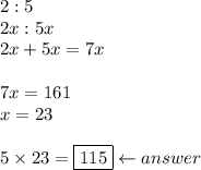 2:5\\2x:5x\\2x+5x=7x\\\\7x = 161\\x=23\\\\5\times 23= \boxed {115} \leftarrow answer