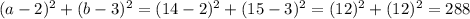 (a-2)^{2} + (b-3)^{2}=(14-2)^{2} + (15-3)^{2}=(12)^{2} + (12)^{2}=288