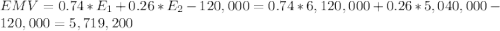 EMV = 0.74*E_{1} + 0.26*E_{2} - 120,000 = 0.74*6,120,000 + 0.26*5,040,000 - 120,000 = 5,719,200