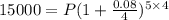 15000=P(1+\frac{0.08}{4})^{5\times4}