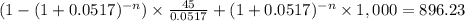 (1-(1+0.0517)^{-n})\times \frac{45}{0.0517}+(1+0.0517)^{-n} \times 1,000 = 896.23