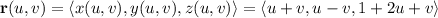 \mathbf r(u,v)=\langle x(u,v),y(u,v),z(u,v)\rangle=\langle u+v,u-v,1+2u+v\rangle