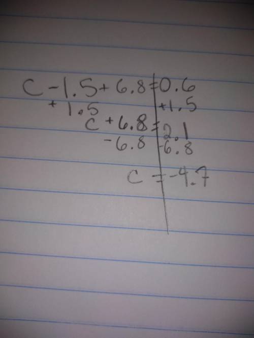 Solve for c  c−1.5+6.8=0.6 i need