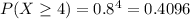 P(X\geq 4)=0.8^4=0.4096
