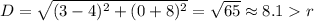 D=\sqrt{(3-4)^2+(0+8)^2}=\sqrt{65}\approx 8.1r