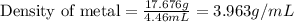 \text{Density of metal}=\frac{17.676g}{4.46mL}=3.963g/mL