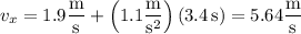 v_x=1.9\dfrac{\rm m}{\rm s}+\left(1.1\dfrac{\rm m}{\mathrm s^2}\right)(3.4\,\mathrm s)=5.64\dfrac{\rm m}{\rm s}
