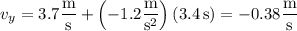 v_y=3.7\dfrac{\rm m}{\rm s}+\left(-1.2\dfrac{\rm m}{\mathrm s^2}\right)(3.4\,\mathrm s)=-0.38\dfrac{\rm m}{\rm s}