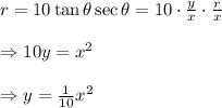 r=10\tan\theta\sec\theta=10\cdot\frac{y}{x}\cdot\frac{r}{x} \\  \\ \Rightarrow10y=x^2 \\  \\ \Rightarrow y= \frac{1}{10} x^2