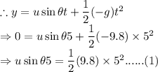 \therefore y = u\sin \theta t +\dfrac{1}{2}(-g)t^2\\\Rightarrow 0 = u\sin \theta 5 +\dfrac{1}{2}(-9.8)\times 5^2\\\Rightarrow u\sin \theta 5 =\dfrac{1}{2}(9.8)\times 5^2......(1)\\