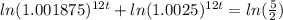 ln(1.001875)^{12t}+ln(1.0025 )^{12t}=ln( \frac{5} {2})