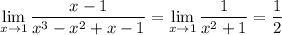 \displaystyle\lim_{x\to1}\frac{x-1}{x^3-x^2+x-1}=\lim_{x\to1}\frac1{x^2+1}=\frac12