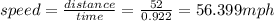 speed=\frac{distance}{time}=\frac{52}{0.922}=56.399mph