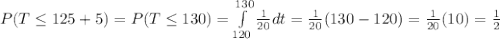 P(T \leq 125 + 5) = P(T \leq 130) = \int\limits_{120}^{130}\frac{1}{20}dt = \frac{1}{20}(130-120)= \frac{1}{20}(10) = \frac{1}{2}