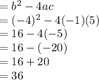 = b^2 - 4ac\\= (-4)^2 - 4(-1)(5)\\= 16 - 4(-5)\\= 16 - (-20)\\= 16 + 20\\= 36