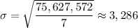 \sigma =\sqrt{\dfrac{75,627,572}{7}}\approx 3,286