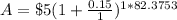 A=\$5(1+\frac{0.15}{1})^{1*82.3753}