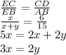 \frac{EC}{EB}=\frac{CD}{AB}\\\frac{x}{x+y}=\frac{6}{15}\\5x=2x+2y\\3x=2y